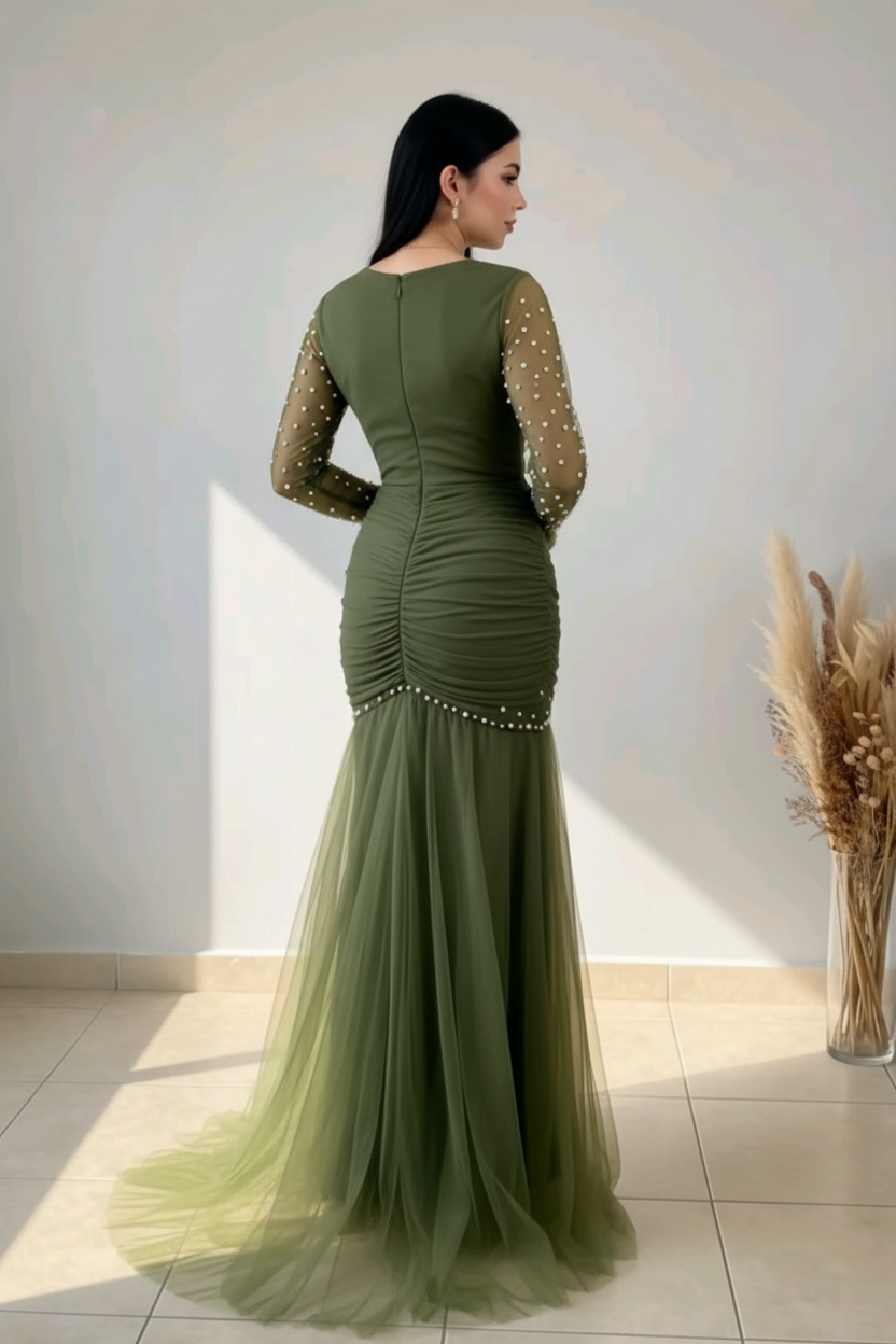 Vestido Verde Oliva Mangas Tul Perlas Rosa 3D Falda Tul cod.V0025