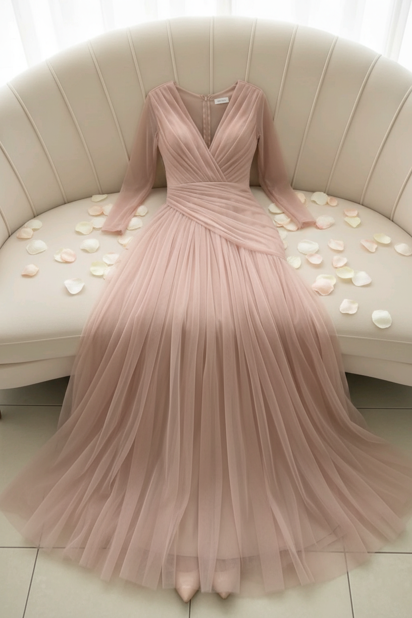 Vestido Rosa Palo Tul Escote V Cruzado cod.V0014