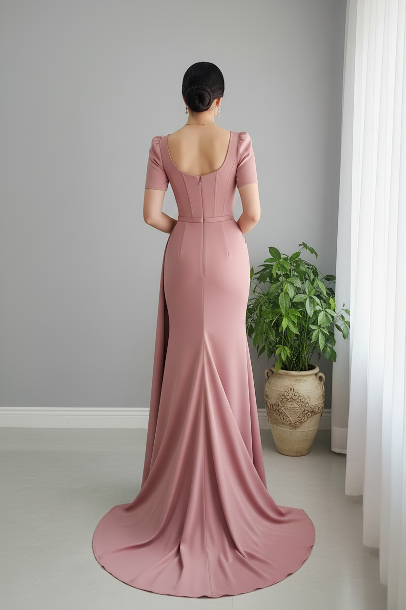 Vestido Sirena Rosa Palo — Corset Ballenas, Escote Corazón & Drapeado Lateral cod.883