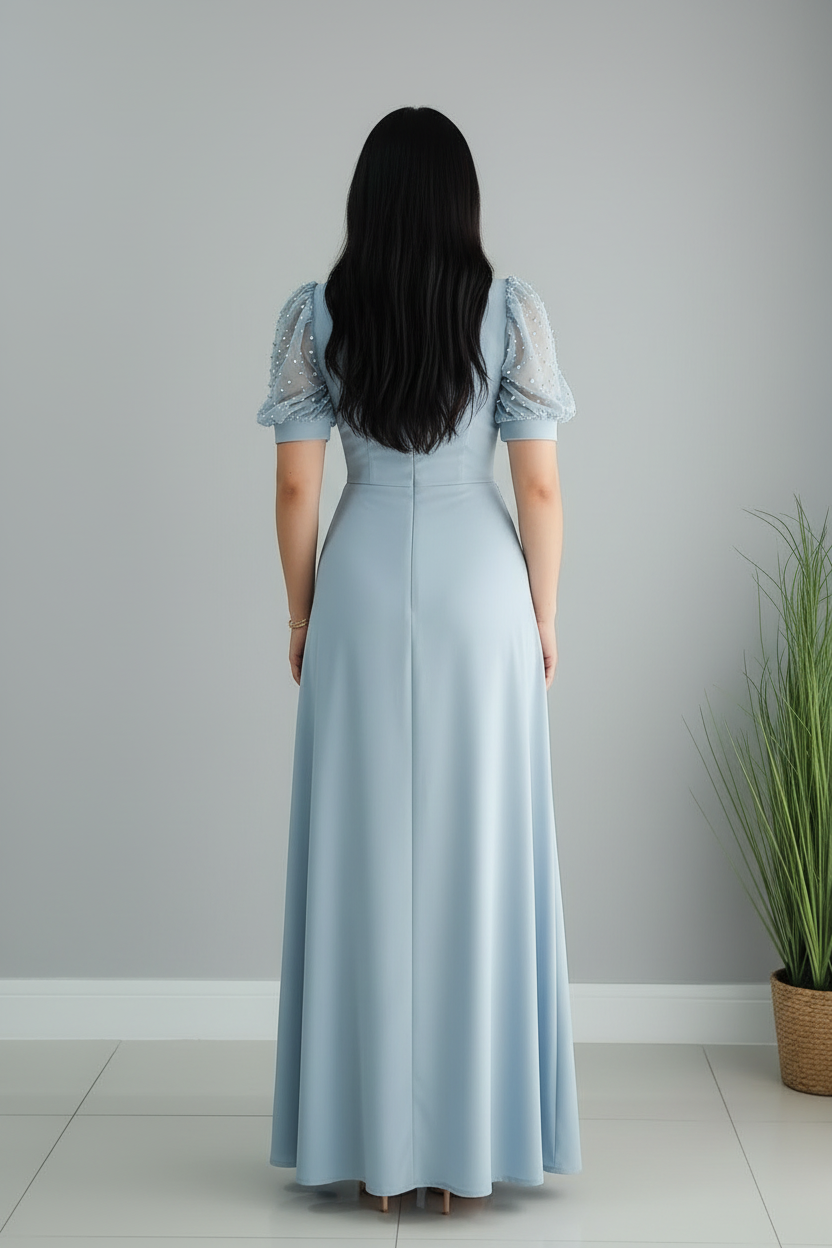 Vestido Pearl Blue – Gown Azul Cielo Mangas Puff de Perlas & Drapeado Griego cod.688