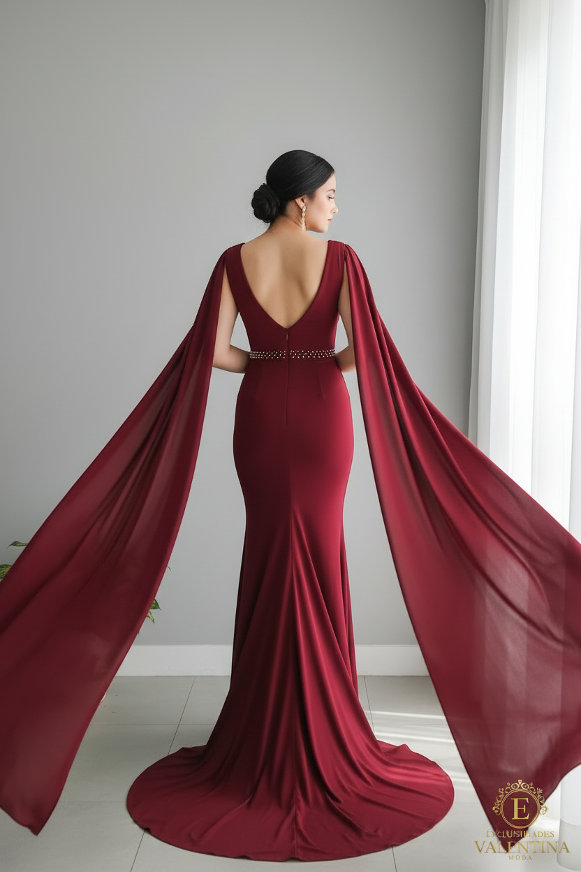 Vestido Vino Escote V Profundo Mangas Capa Cinturón Perlas cod.920