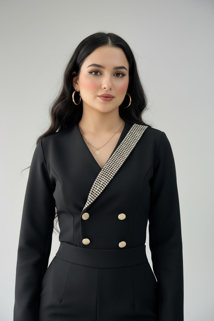Conjunto Noir Luxe – Blazer Crop Strass & Pantalón Palazzo cod.667