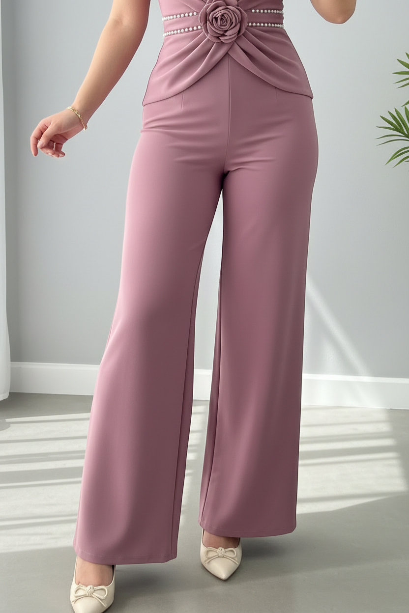 Enterizo Rosa Palo — Escote V con Tirantes de Perlas y Rosa D cod.E625