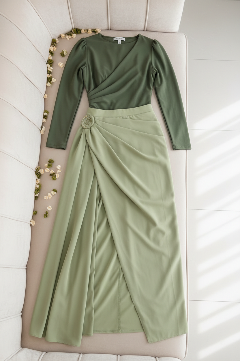 Conjunto Verde Oliva y verde sage Drapeada  Abertura cod.C0051