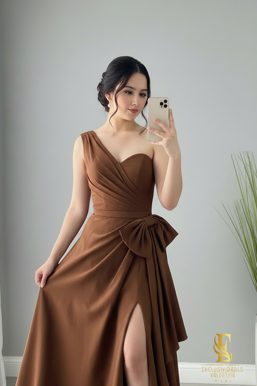 Vestido Chocolate One Shoulder Bow A-Line cod.V232