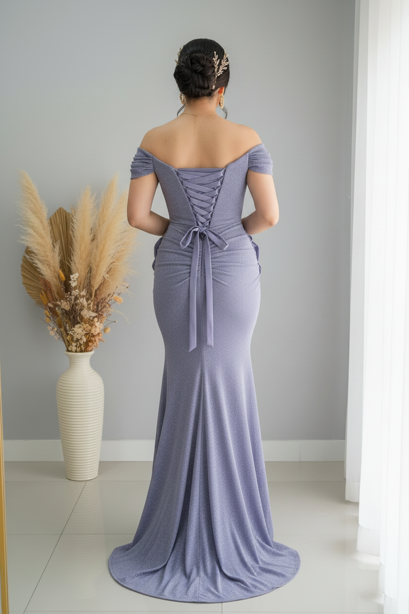Vestido Lila Off-Shoulder Sirena con Rosa 3D y Brillos cod.V376
