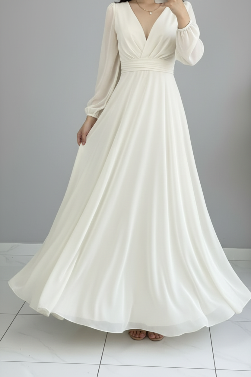 Vestido Blanco Marfil Manga Larga Gasa Escote V A-Line cod.820