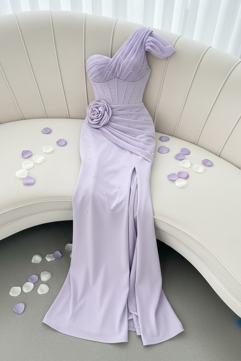 Vestido Lila Lavanda Un Hombro Corsé Perlas Rosa 3D Abertura cod.V0035
