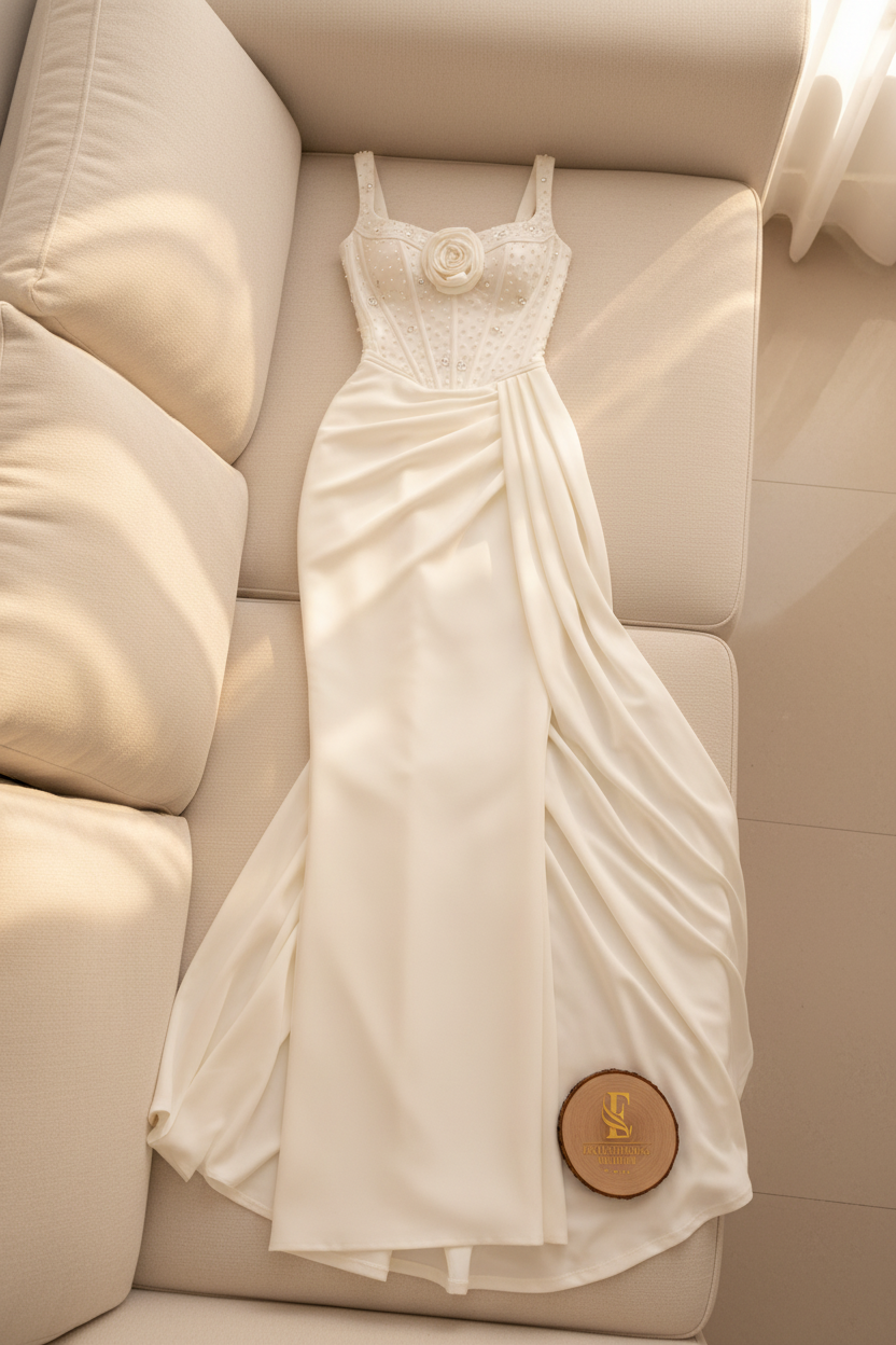 Vestido Blanco Marfil Tirantes Corset con Perlas Rosa 3D y Drapeado cod.812