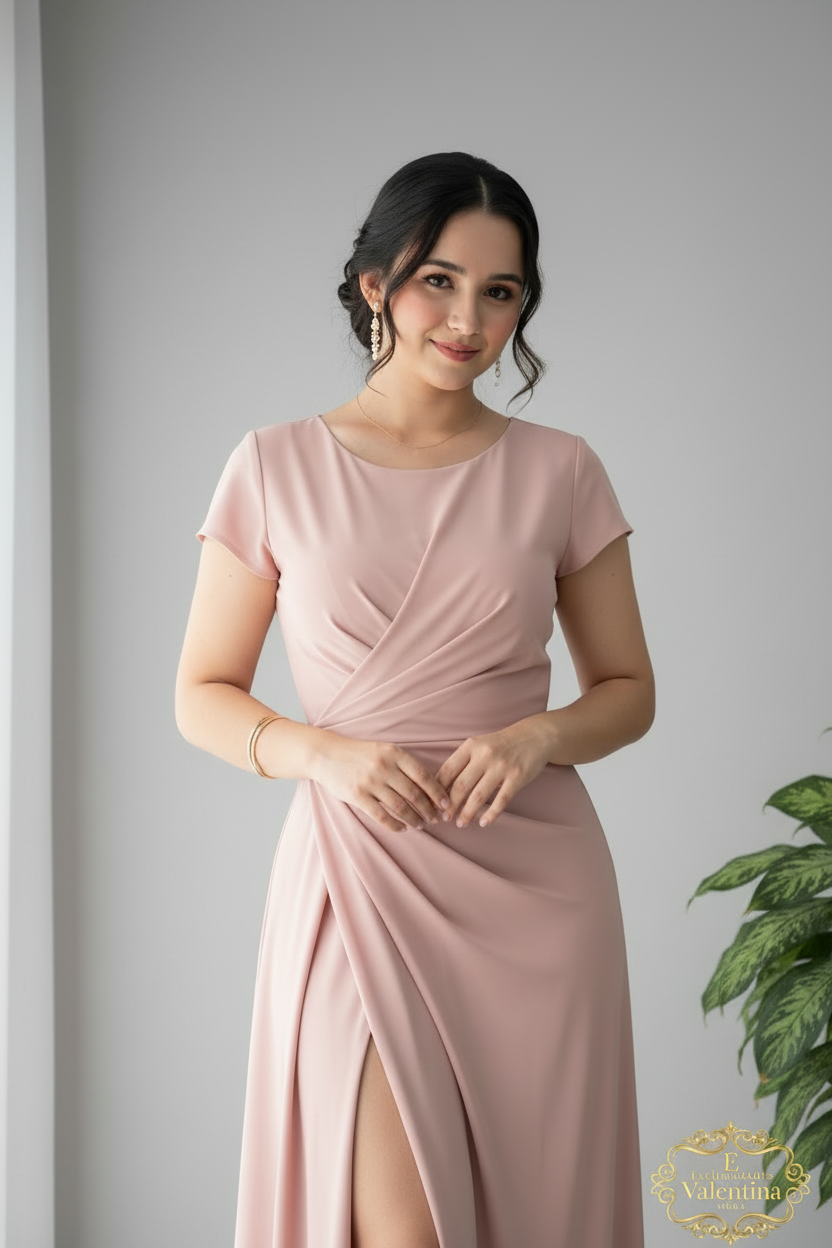Vestido Rosa Palo Manga Corta Drapeado Cruzado Abertura cod.928