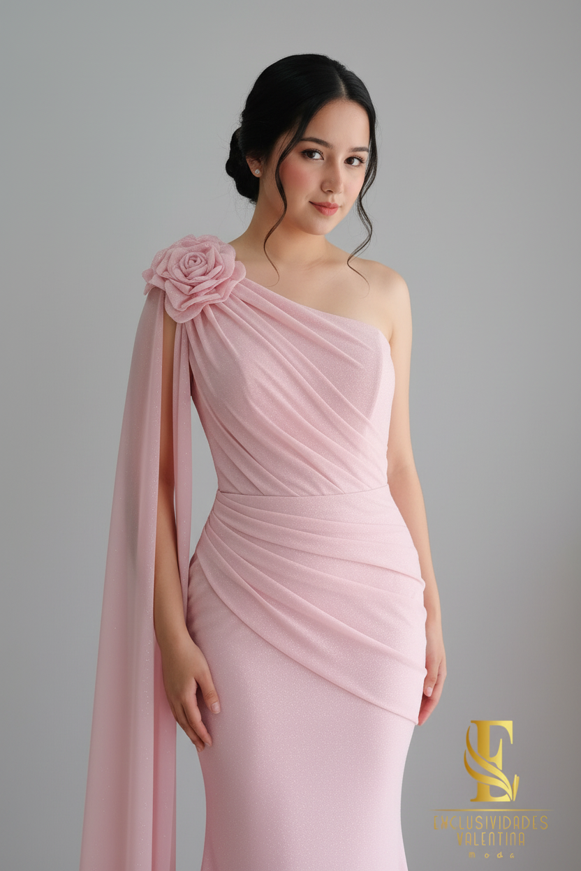 Vestido Sirena Rosa Palo Un Hombro con Rosa Espiral y Capa de Gasa cod.V253