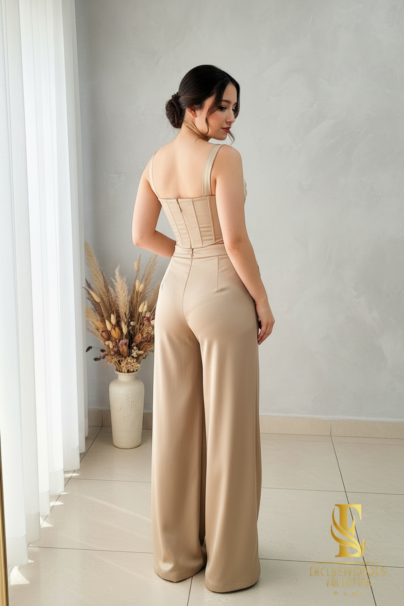 Conjunto Champagne | Top Corsé con Rosa 3D y Palazzo cod.C443