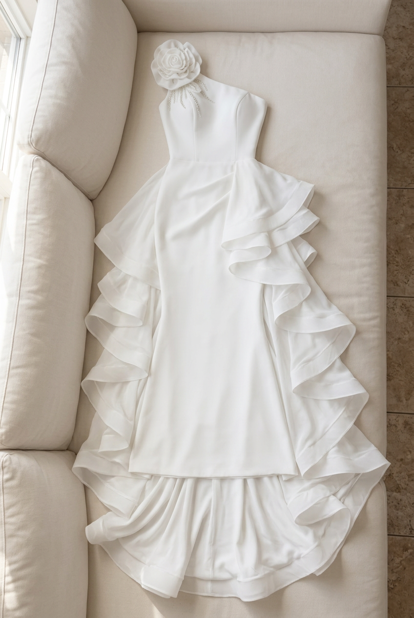 Vestido largo blanco de un hombro con flor 3D, volantes y cola cod. VC031