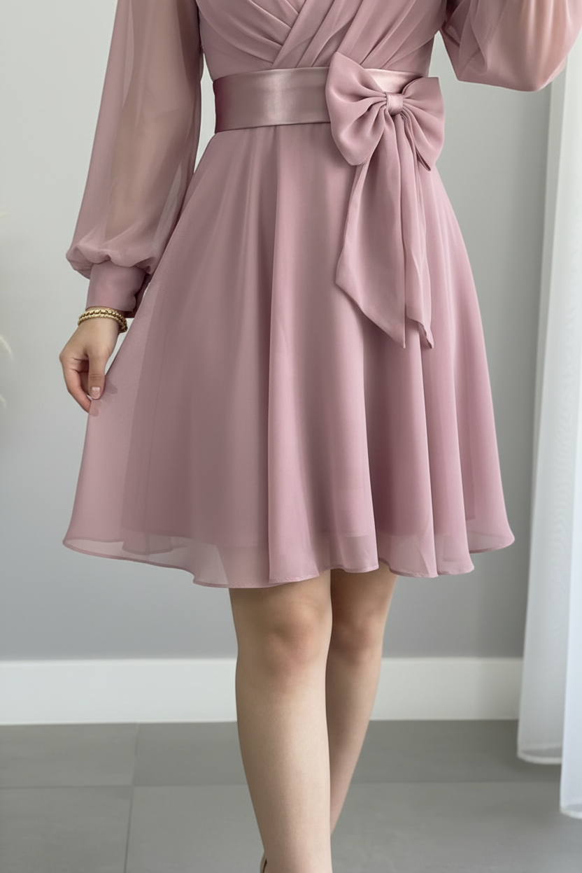 Vestido Rosa Palo Corto Manga Globo Chiffon Lazo Satinado cod.V0038