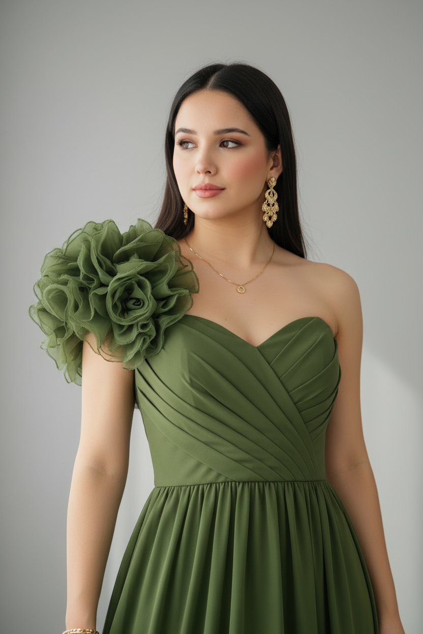 Vestido Verde Olivo Un Hombro con Rosas 3D y Falda Chiffon Línea A cod.V613