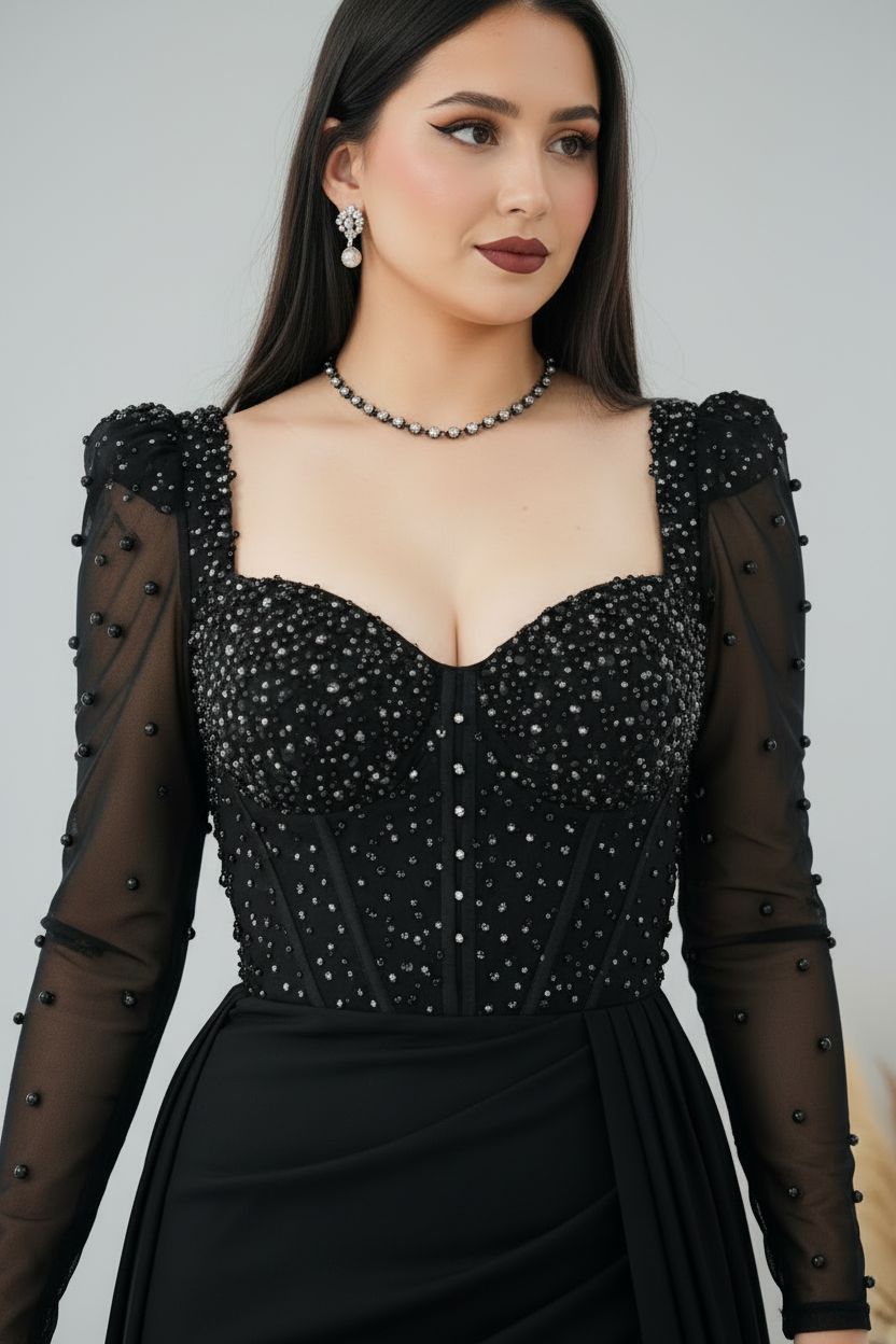 Vestido Negro Cristales Tul Perlas cod.V313