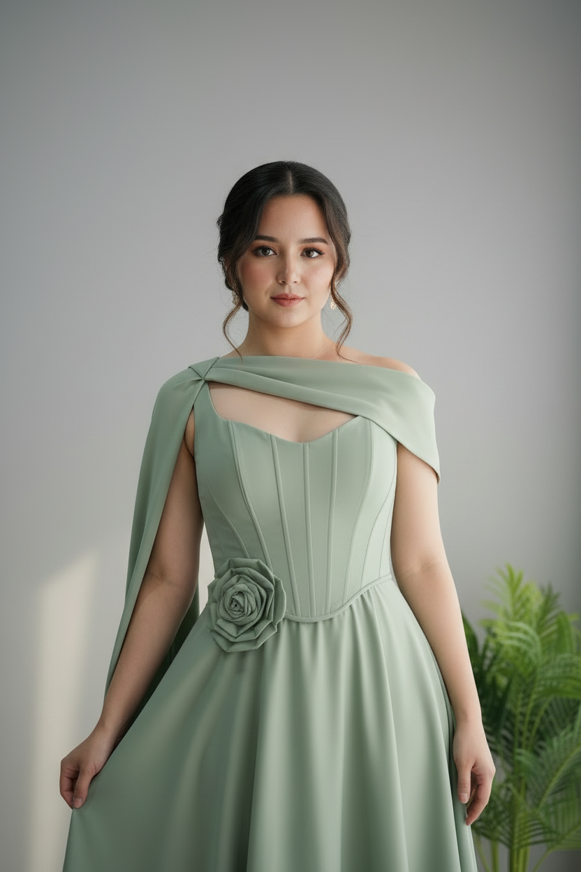 Vestido Verde Menta Corset con Capa Rosa 3D y Falda Amplia cod.732