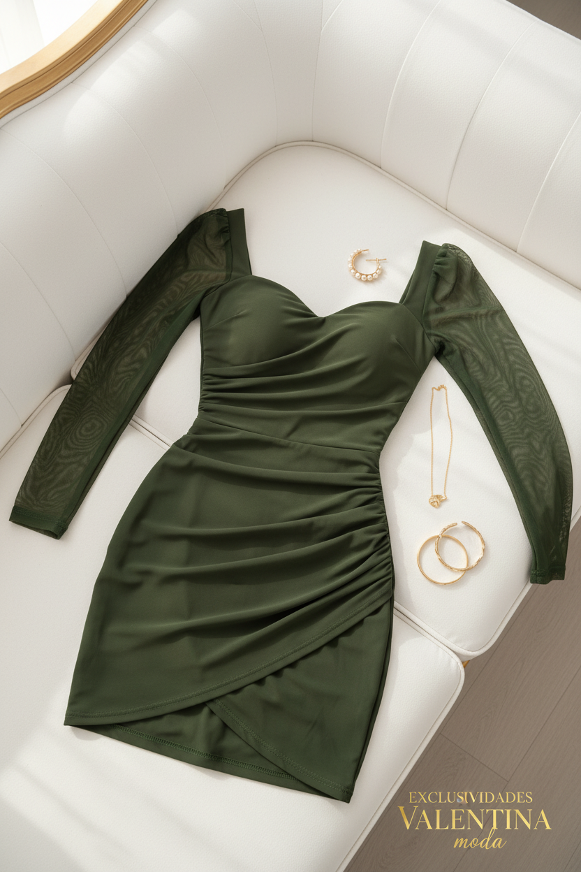 Vestido Corto Verde Olivo Manga Tul cod.V716