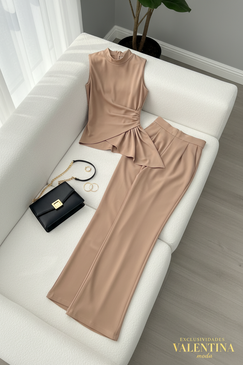 Conjunto Dos Piezas Camel Top Peplum Asimétrico cod.C707