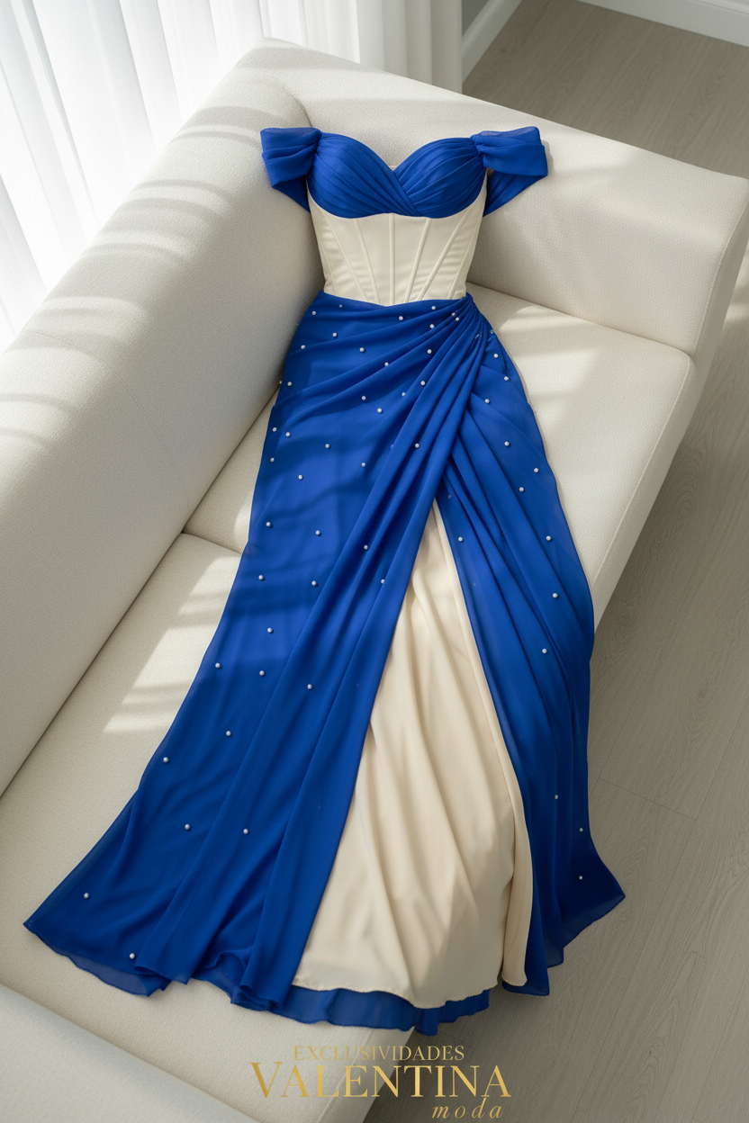Vestido Bicolor Azul Royal con Perlas cod.V729
