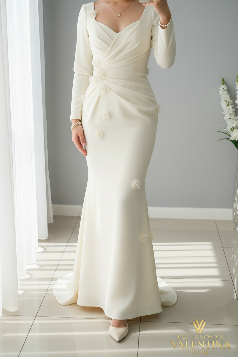 Vestido Blanco Marfil Manga Larga Sirena con Rosas D cod.V535