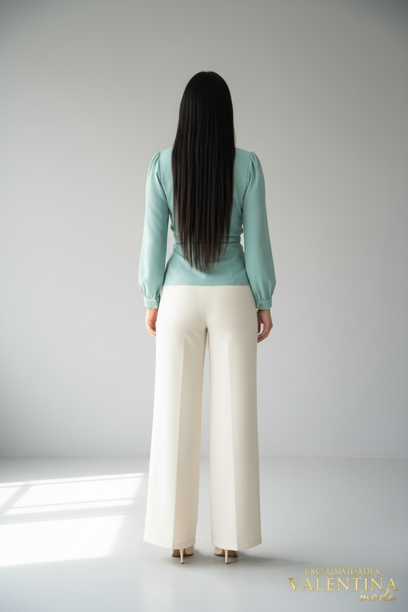 Conjunto Blusa Menta Wrap Manga Globo y Pantalón Palazzo Blanco cod.C554
