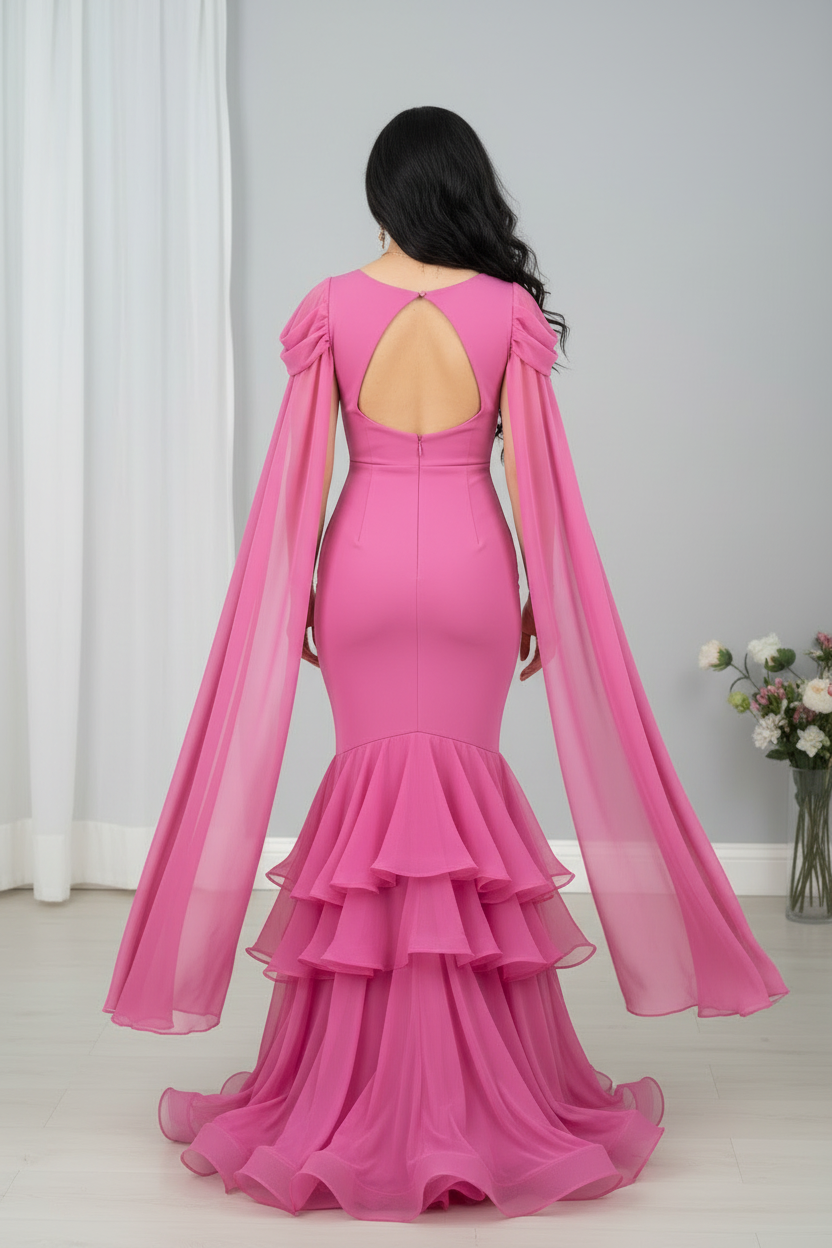 Vestido rosa fucsia sirena capa gasa volantes en capas C.1943