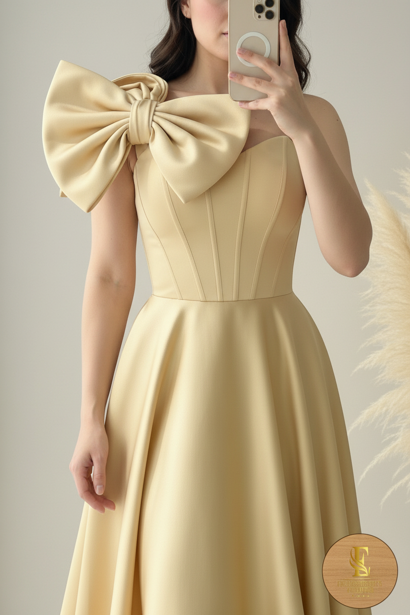Vestido Champagne Satén Moño Doble Corsé High-Low cod.00100