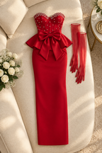 conjunto Gala Rojo Strapless Corset Perlas Peplum Lazo Guantes Tul cod.V0036