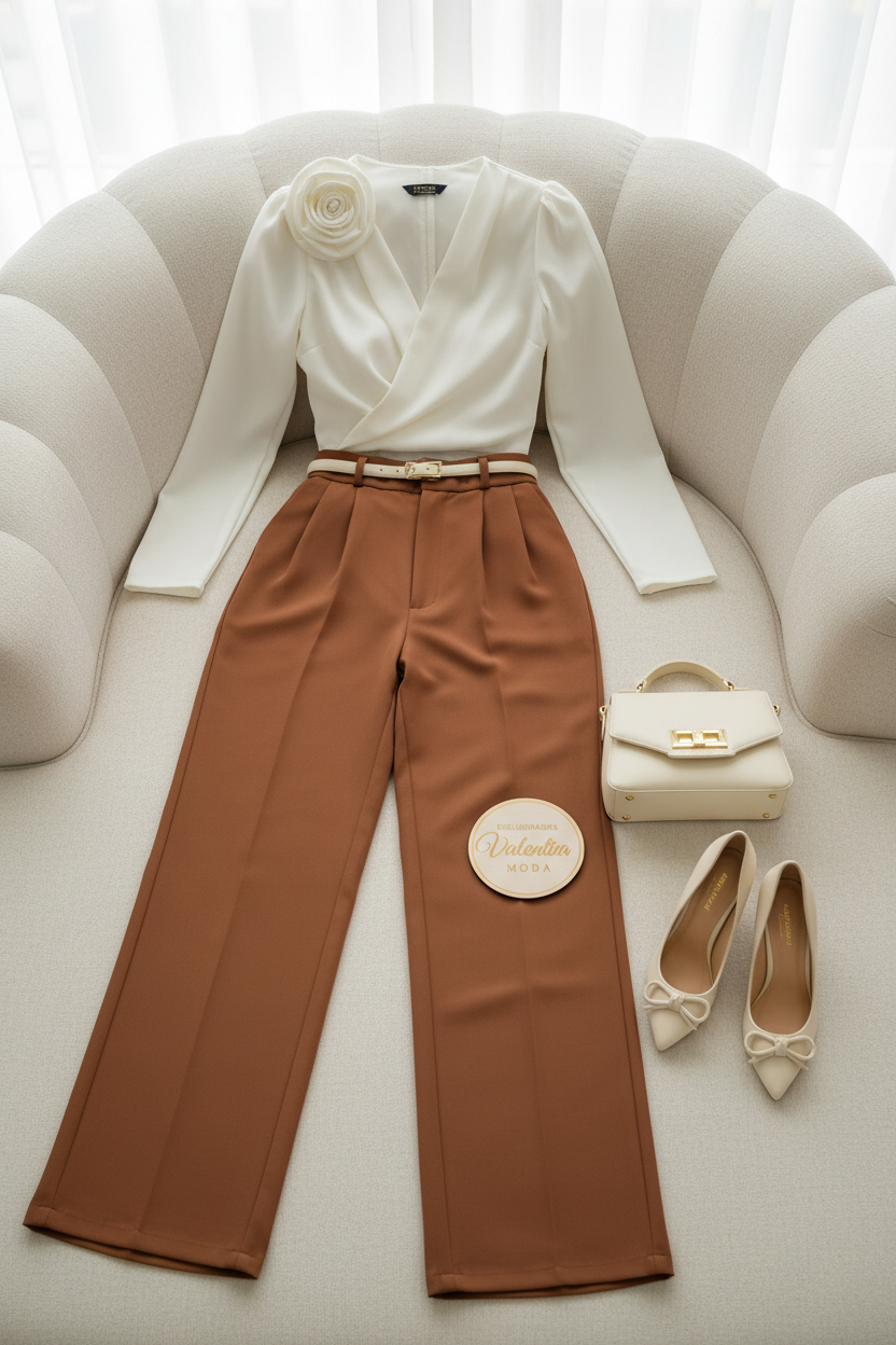 Conjunto 2 Piezas Top Blanco Rosa 3D Manga Larga y Palazzo Terracota cod.00138