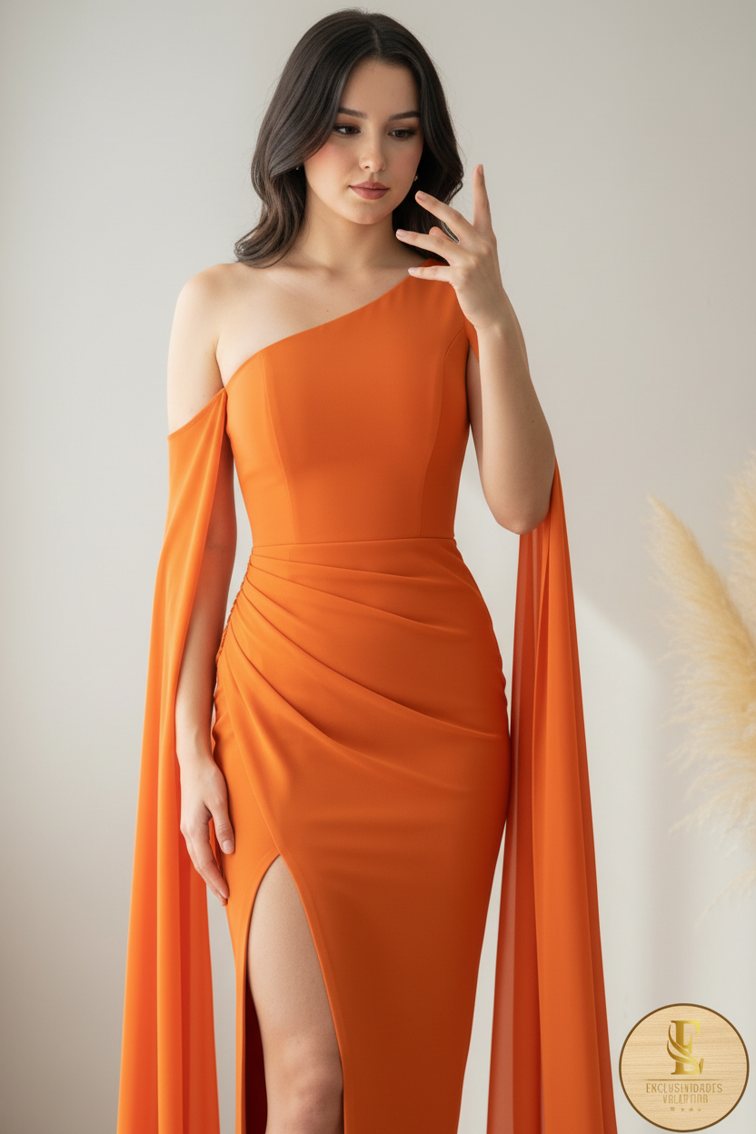 Vestido Naranja One-Shoulder Sirena Mangas Capa Abertura cod.00105