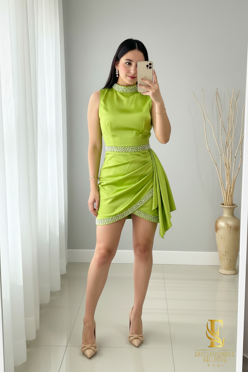Vestido Verde Lima Perlas Drapeado cod.V746