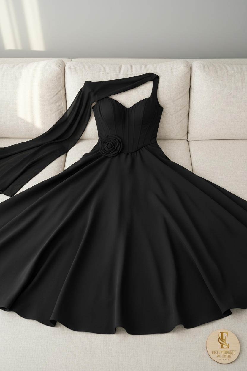 Vestido Negro Falda Amplia con Capa y Rosa D cod.716