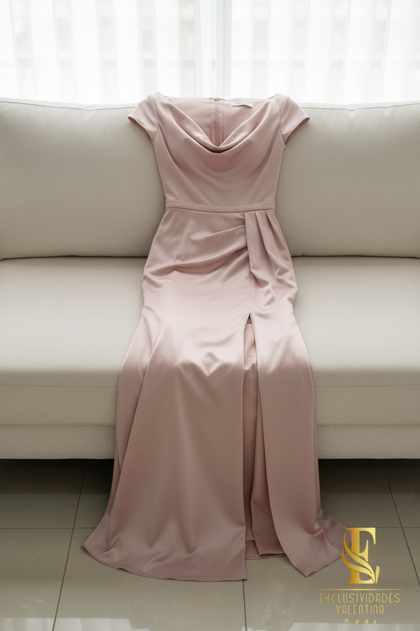 Vestido Sirena Rosa Palo | Cowl Neck y Abertura cod.V438