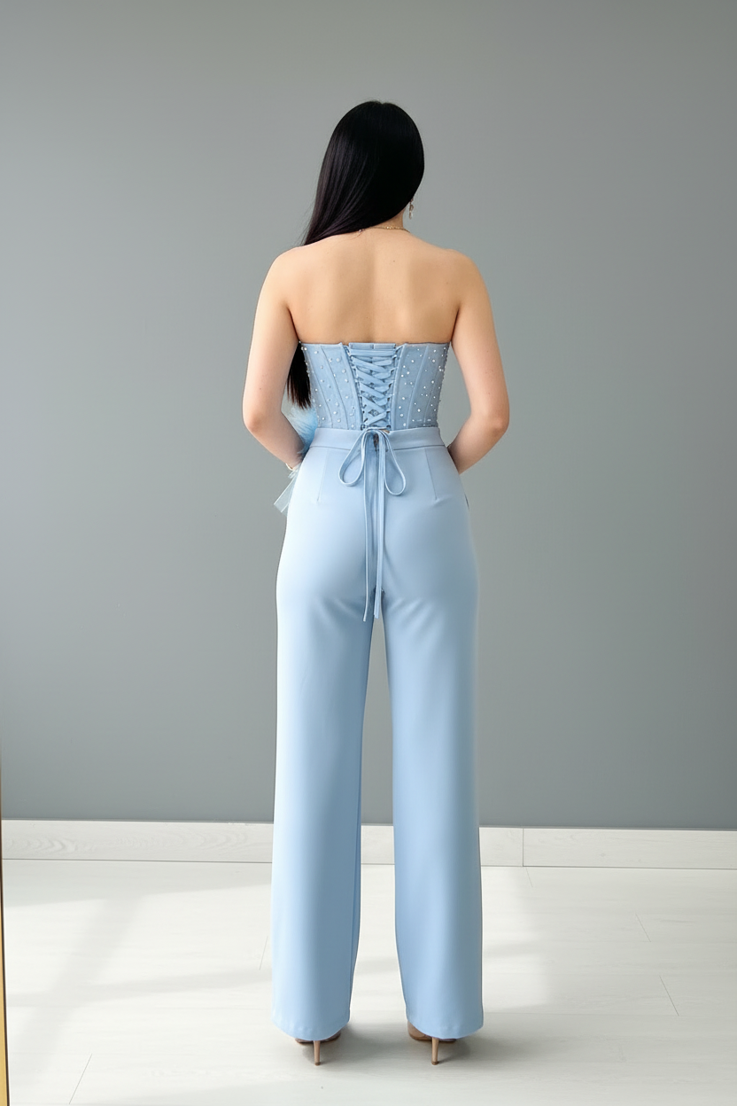 Conjunto Azul Cielo Corset Strapless Perlas Rosa 3D Tul y Pantalón Recto cod.765