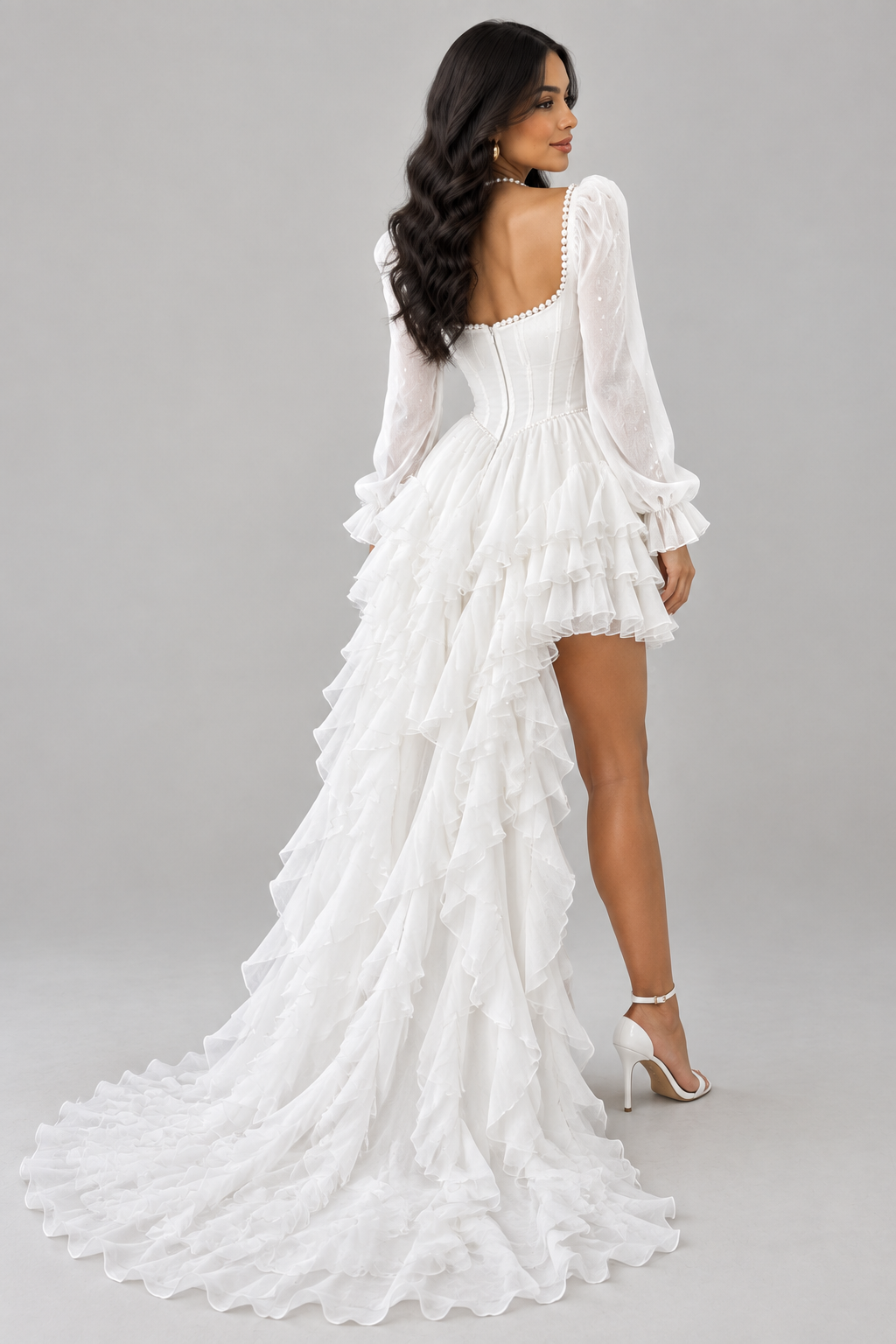 Vestido Novia Blanco Corset Perlas Mangas Tul Puff Falda Alta Baja Capas cod.V0037