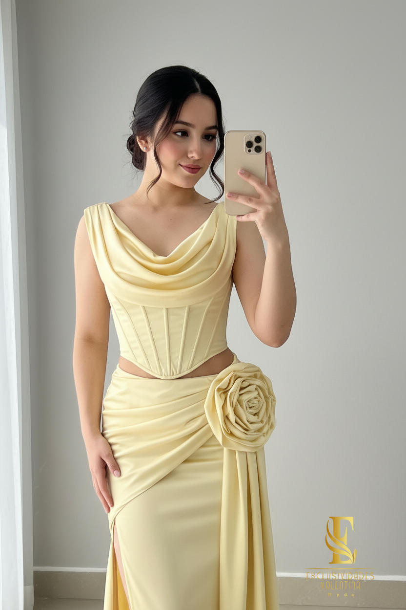 Conjunto Amarillo Pastel | Corsé con Rosa 3D y Falda Drapeada cod.C446
