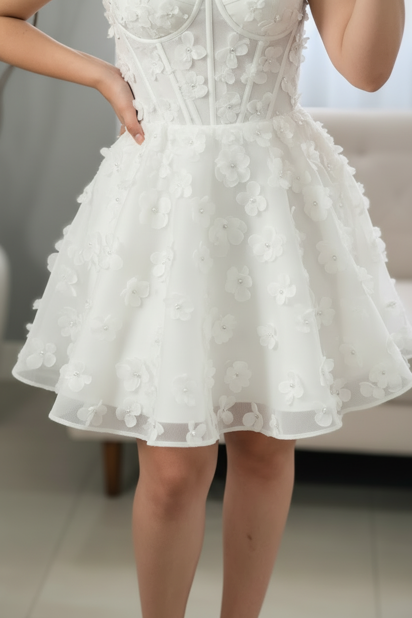Vestido Corto Blanco Corset con Apliques Florales D cod.V598