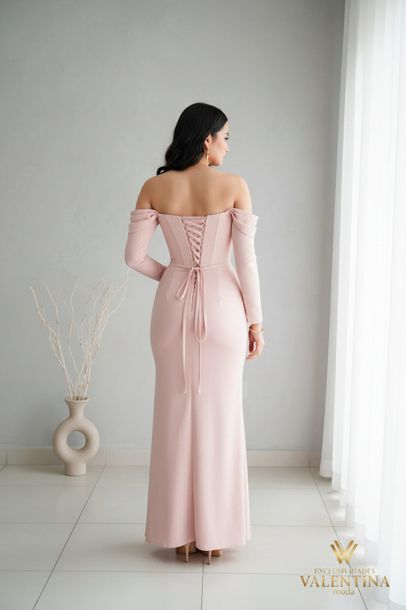 Vestido Rosa Palo Off-Shoulder Manga Larga con Corset y Drapeado cod.V532