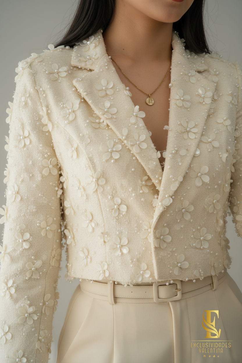 Conjunto Crema Blazer con Flores de Perlas + Short con Cinturón