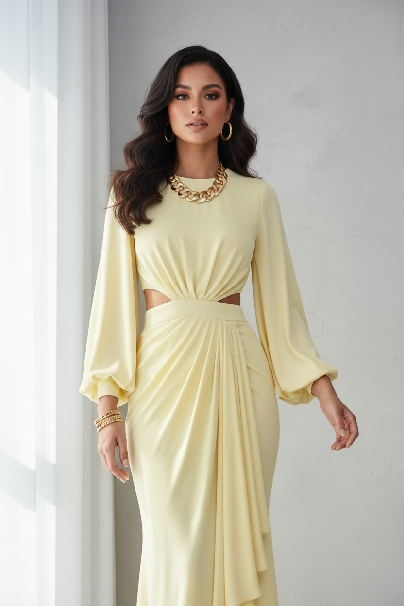 Vestido Amarillo Pastel Gala Mangas Bishop Cut-Out Drapeado cod.V582