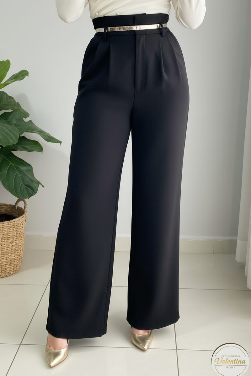 Pantalón Palazzo Negro Tiro Alto con Cinturón Plateado cod.00134