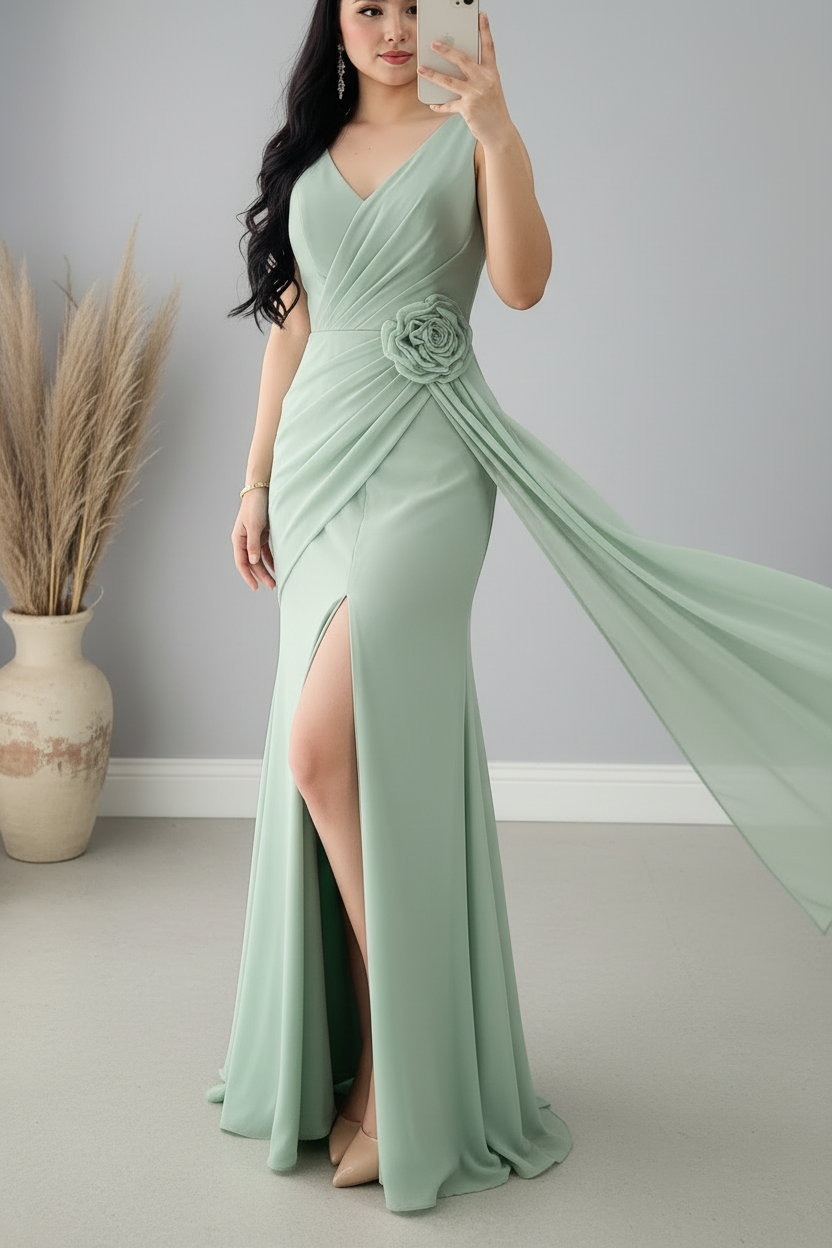 Vestido Verde Sage Sirena con Rosa 3D y Panel de Gasa cod.964