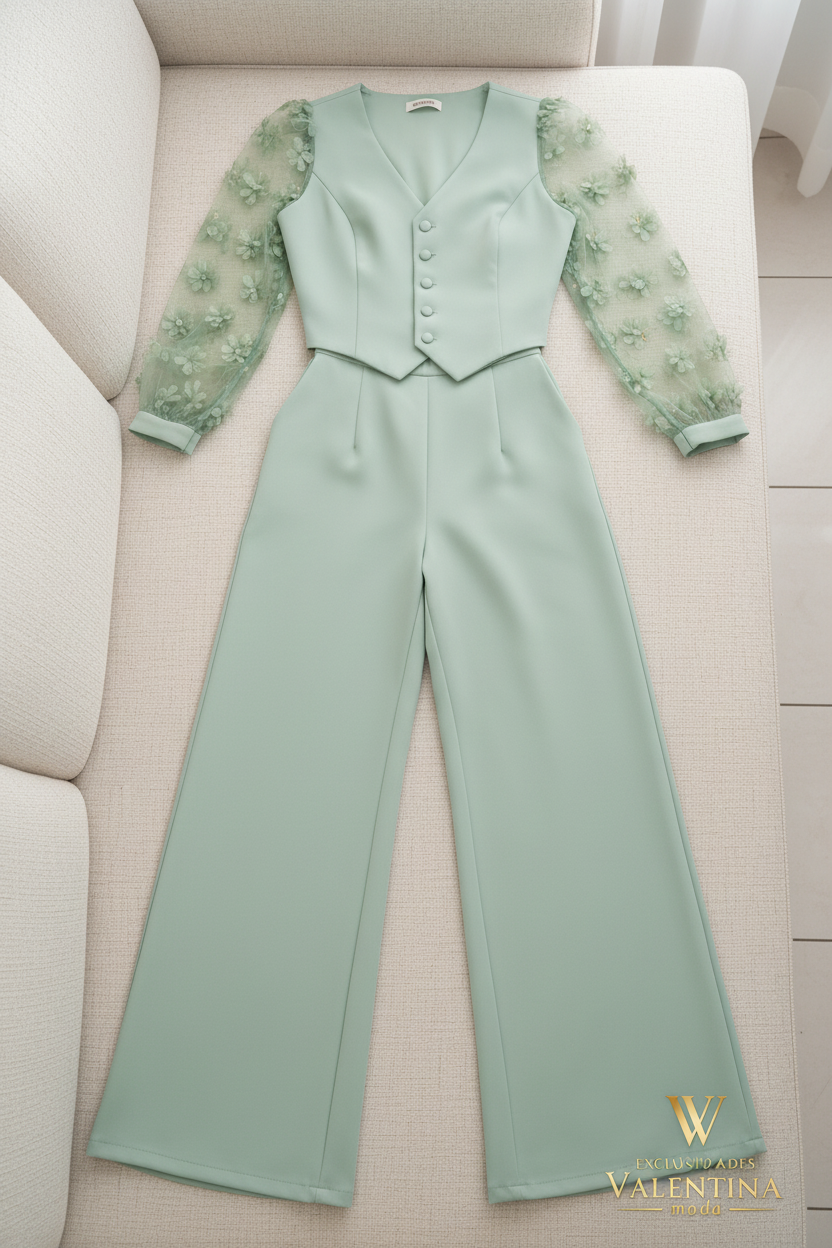 Conjunto Verde Menta 3 Piezas: Blusa Organza Floral, Chaleco y Pantalón Palazzo cod.C529
