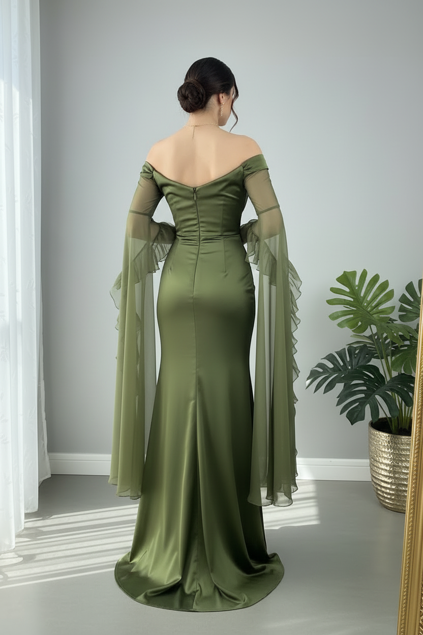 Vestido Largo Verde Oliva Satén — Off-Shoulder, Manga Tul con Volantes & Abertura Frontal cod.895