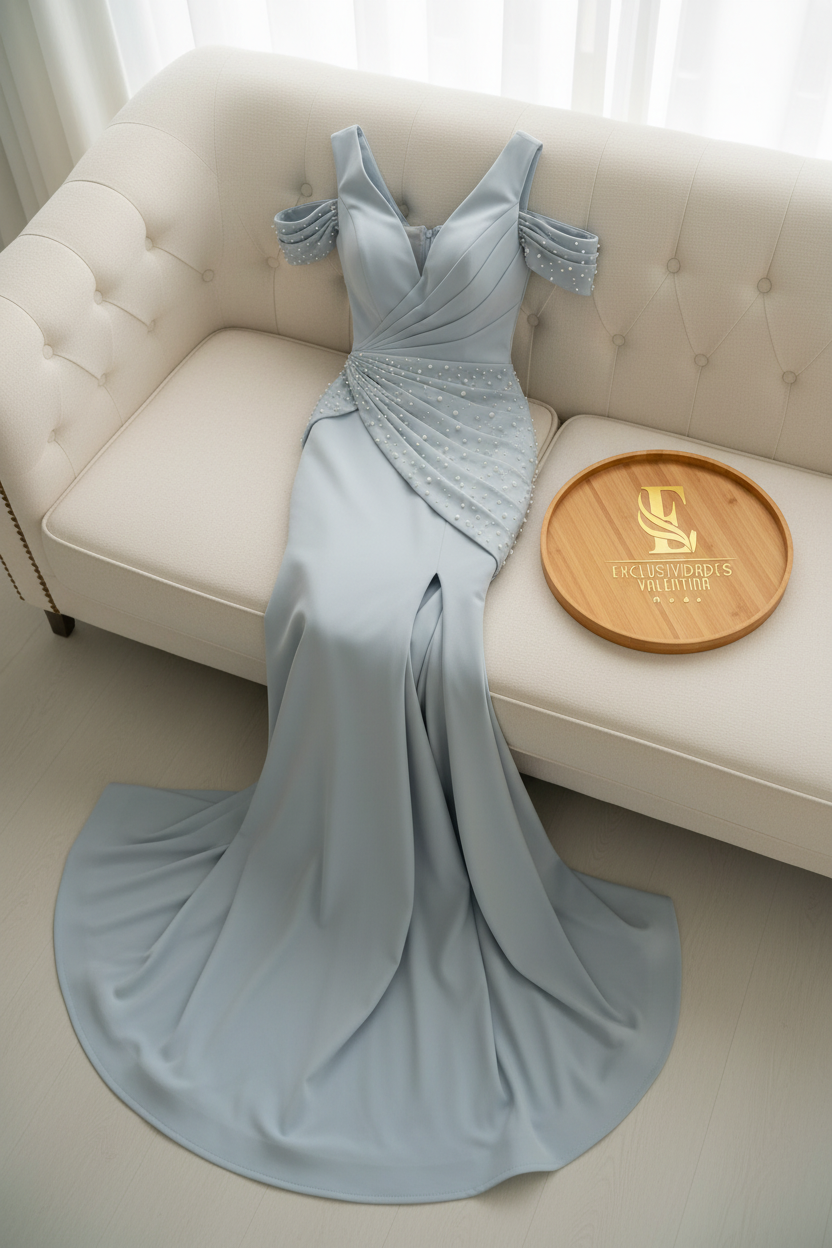 Vestido Azul Polvos Cold-Shoulder Perlas Abertura cod.0019