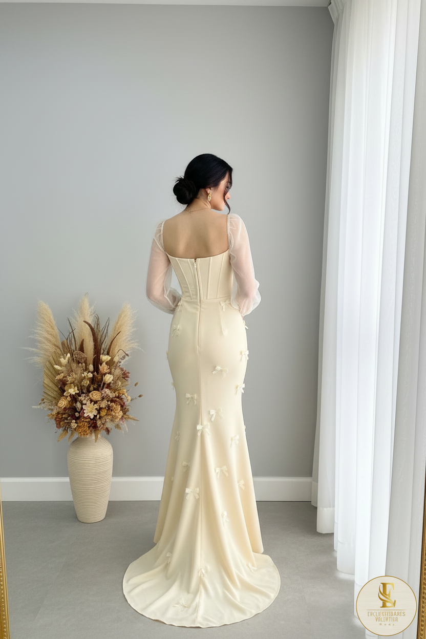 Vestido Crema Sirena Lazos 3D Manga Globo o cod.V386