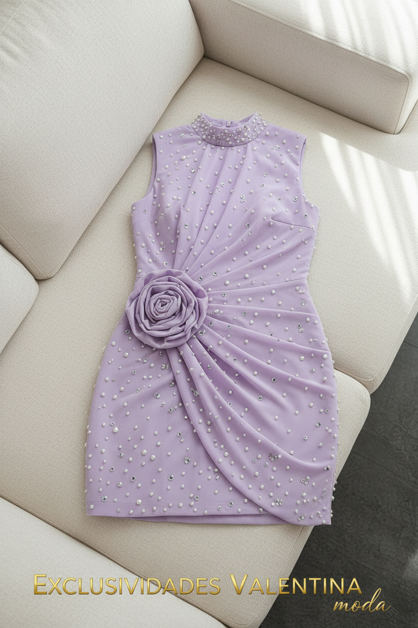 Vestido Lila Corto Rosa 3D y Perlas cod.V736