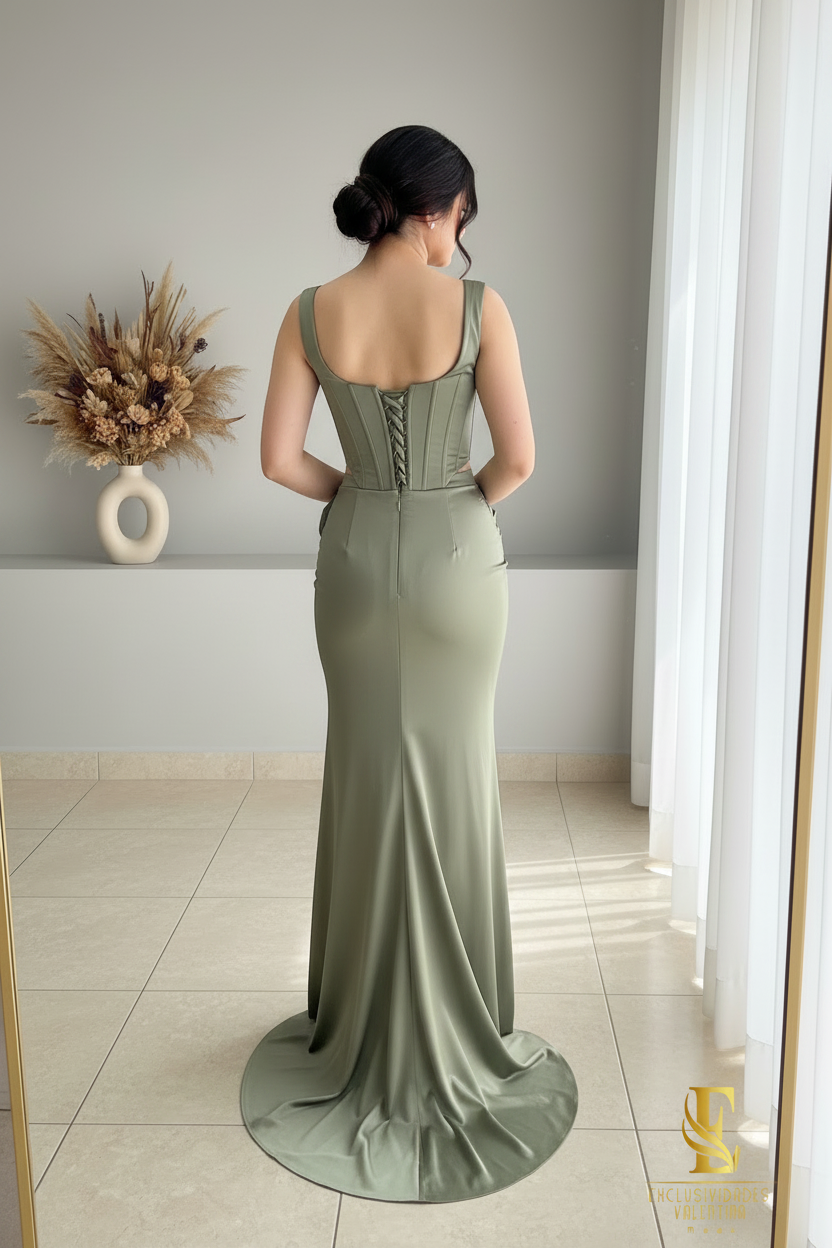 Conjunto Verde Salvia | Corsé con Rosa 3D y Falda Drapeada cod.C443