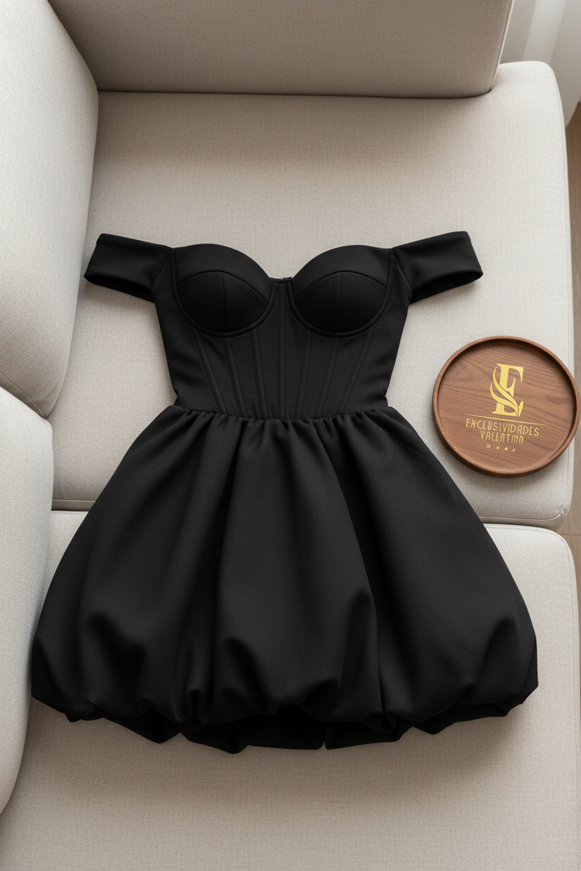 Vestido Negro Off-Shoulder Corsé con Falda Bubble cod.976